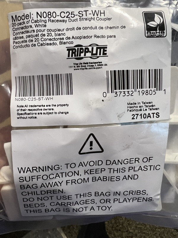 Tripp Lite Raceway Straight Connector for Cable Wiring Duct White Pack of 20