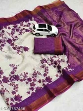 New Linen Cotton Sari With Unstitched Blouse Piece Party Wedding Wear For Women
