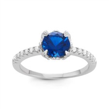Sterling Silver CZ Band with Center Round Dark Blue CZ Engagement Ring
