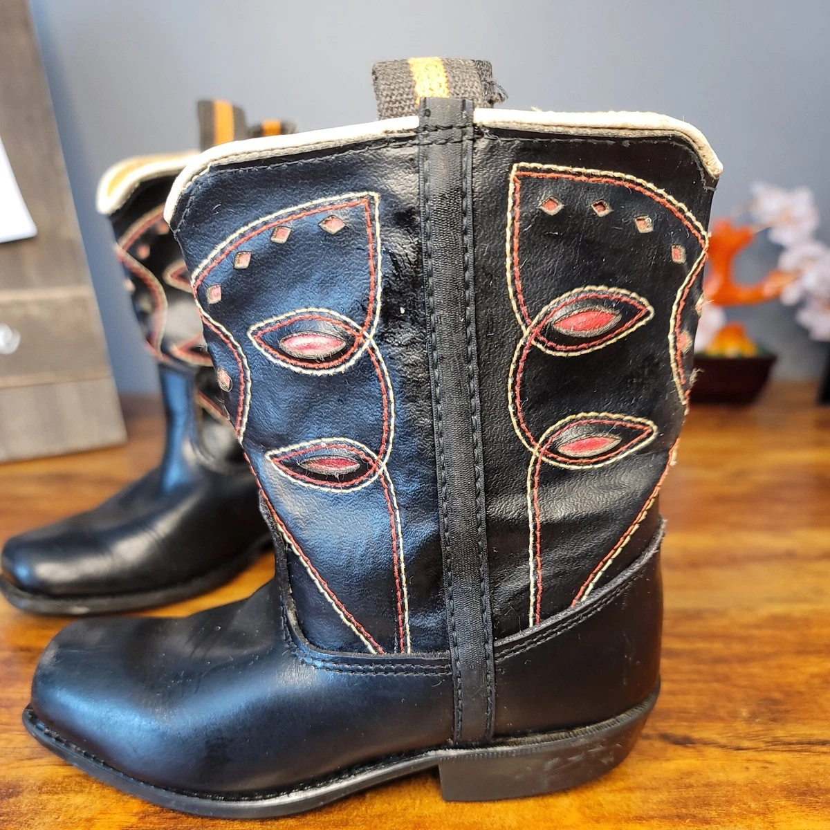 1950 s Childs Cowboy Boots Black Leather Fancy Western Kid s Boots Vintage