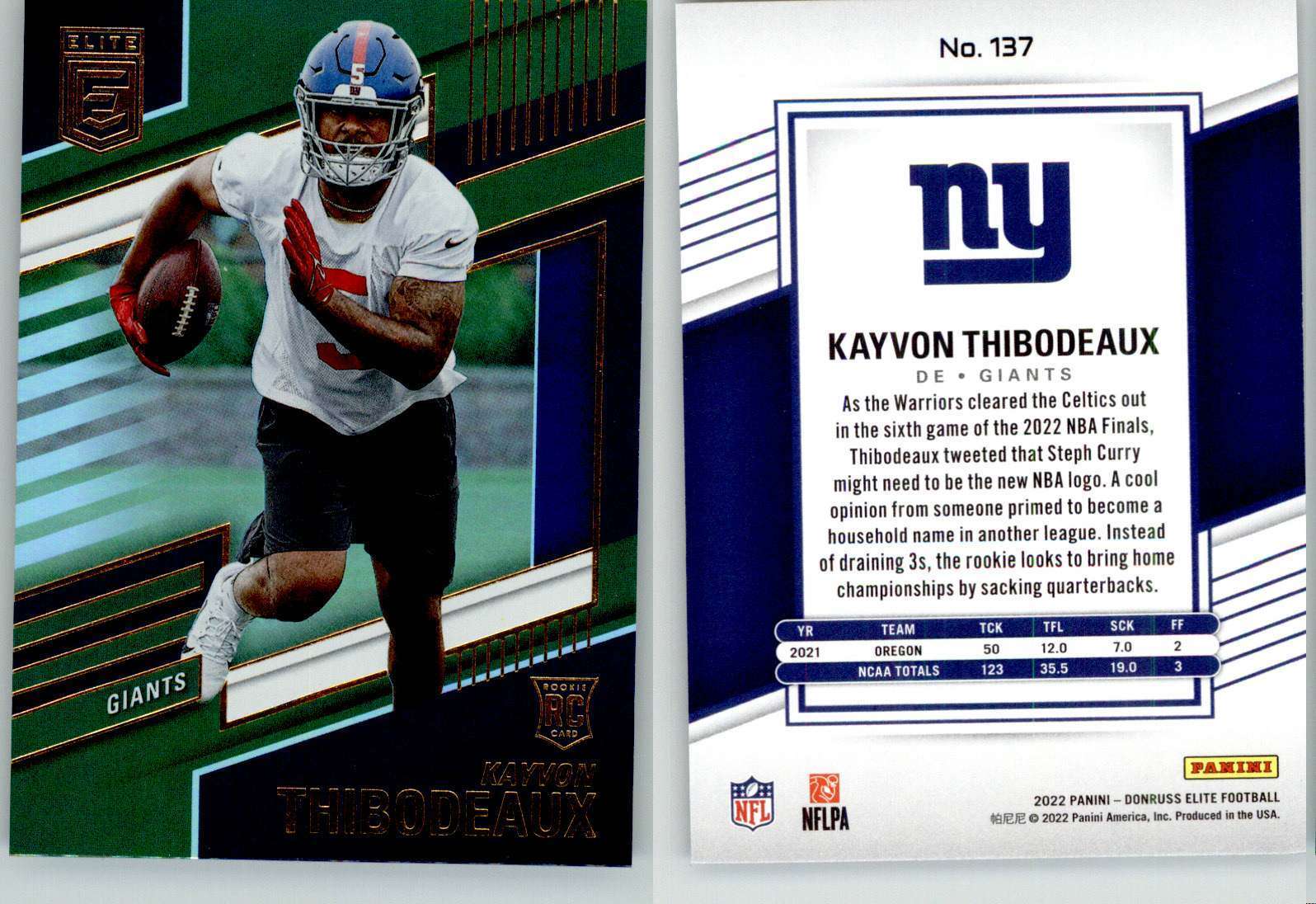 Kayvon Thibodeaux 2022 Elite Green #137 Giants RC Rookie