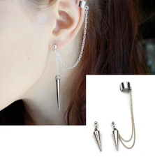 Silver Punk Rock Rivets Chain Tassel Dangle Ear Stud Cuff Wrap Earrings Gift P29