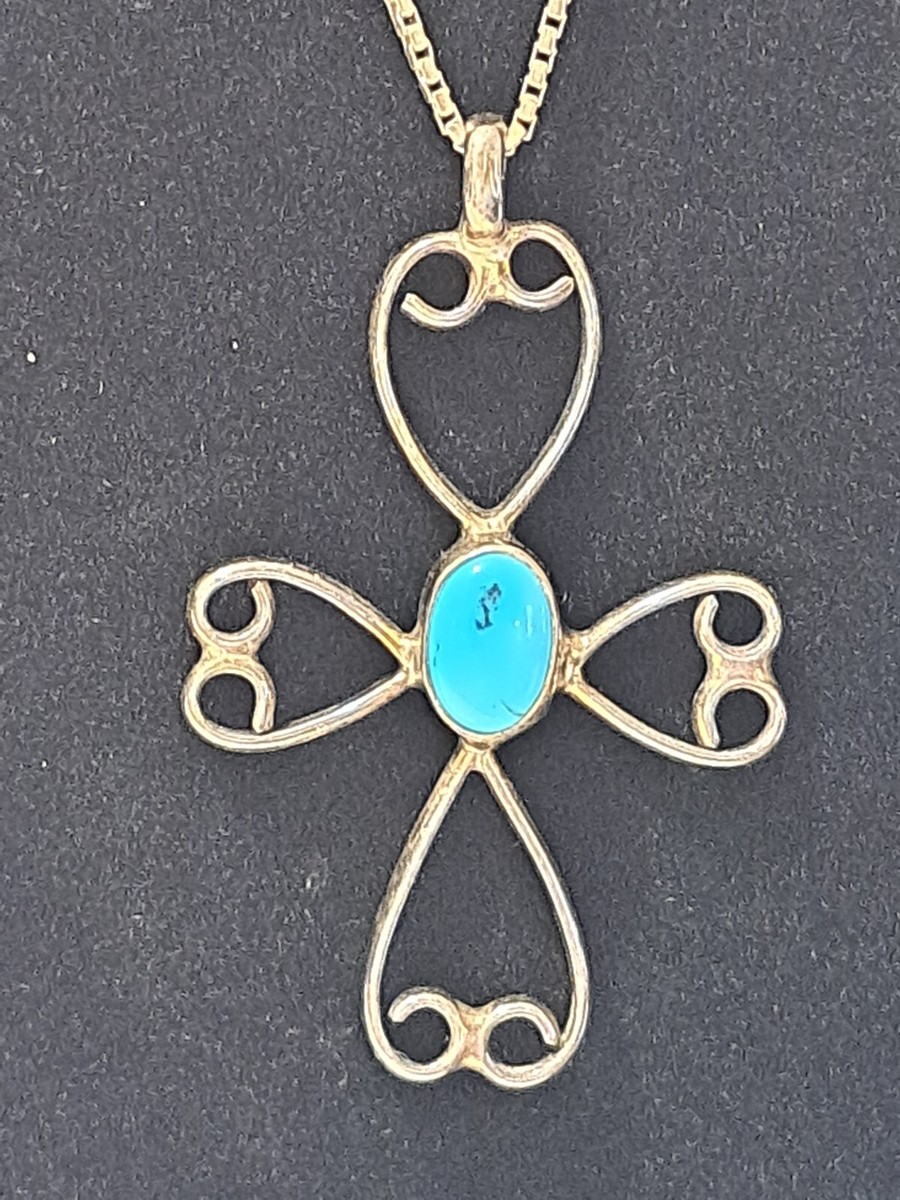 Sterling Silver Turquoise Cross Pendant Necklace View 2