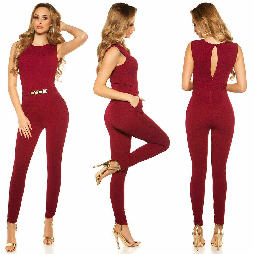 Jumpsuit mit Goldschnalle Overall Skinny Struktur Hosenanzug Bordeaux Gr. S - Bild 2 von 4