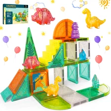 Dinosaur Magnetic Tiles Building Set for Kids, STEM Magnet Blocks, 3D Dino Toys