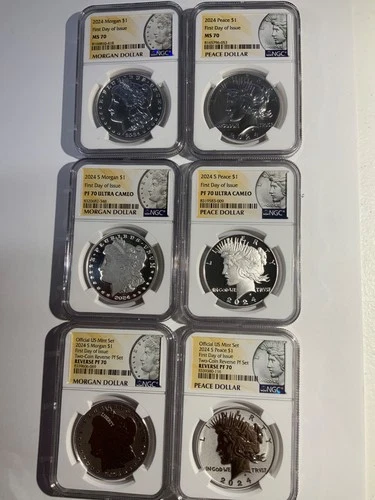 6 coin set 2024 Morgan and Peace silver dollars NGC Certified MS, PF, RV PR, 70