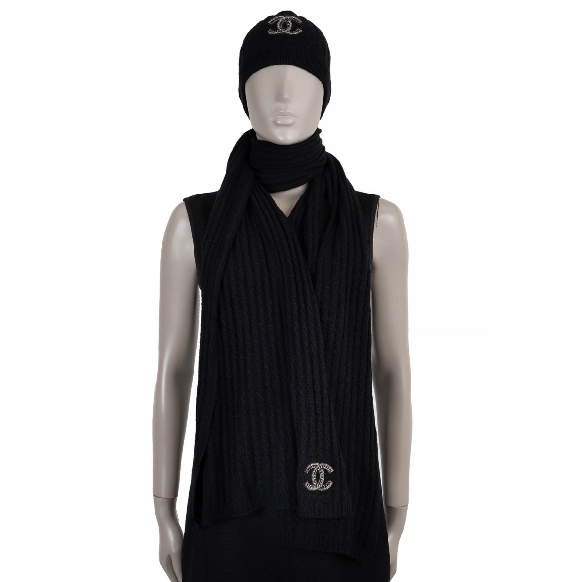 72075 auth CHANEL black cashmere CC CABLE-KNIT Muffler Scarf | eBay
