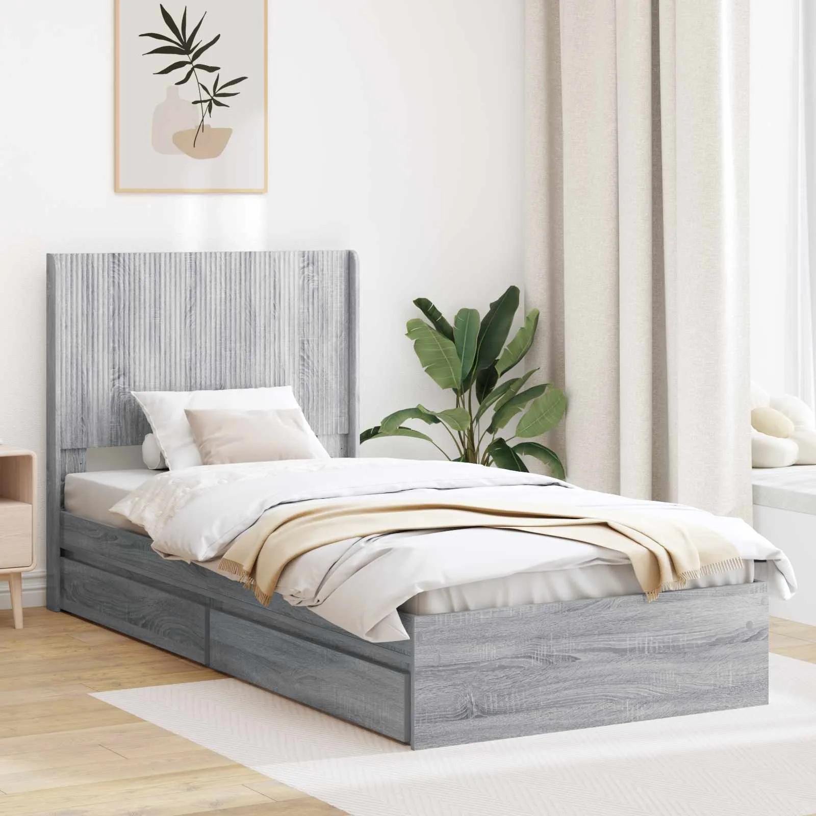 vidaXL - Bed Frame - Storage and Headboard - Sonoma Grey - 100 x 200 cm - Image 2