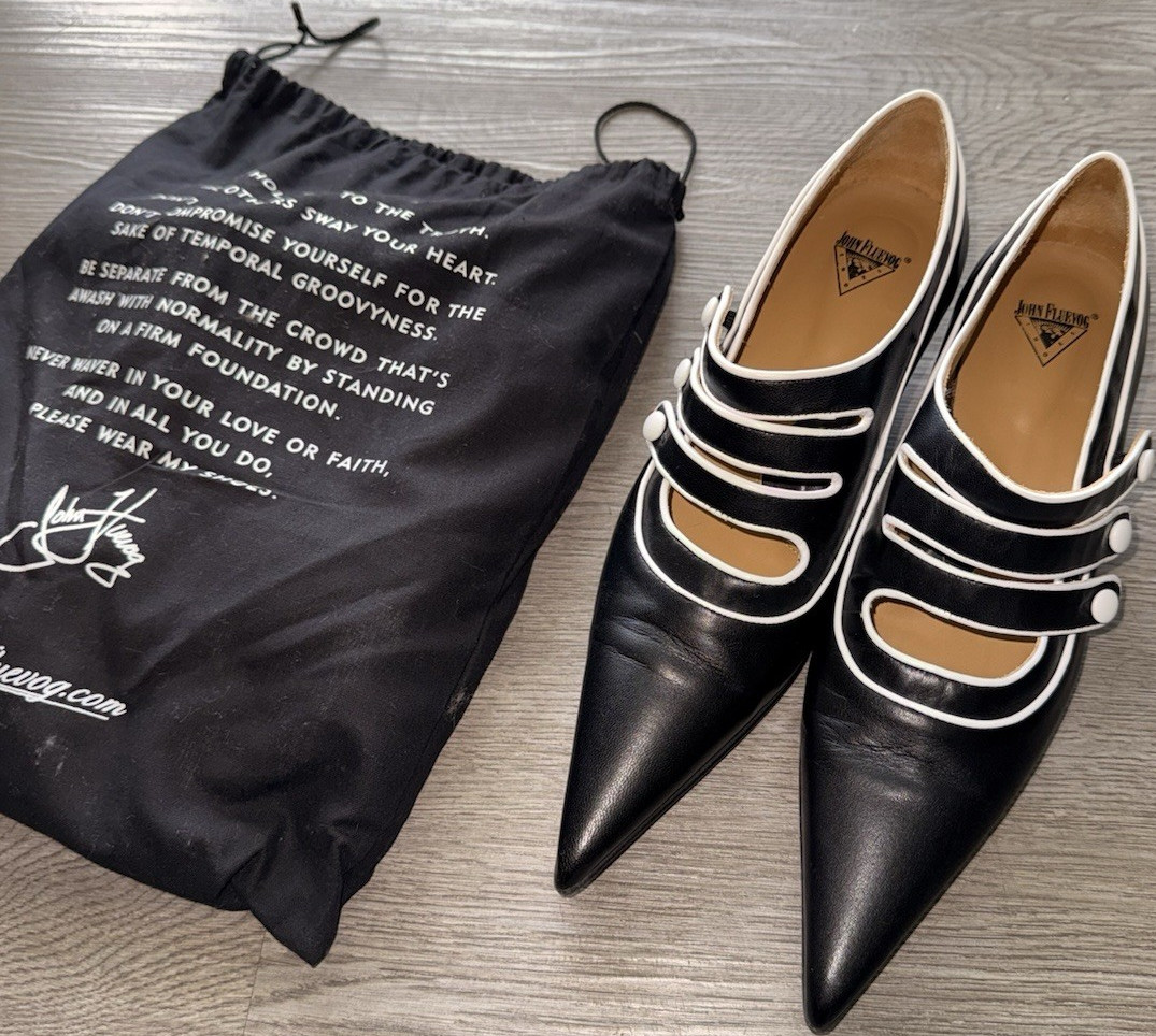 John Fluevog Black & White Leather Strappy Pointed Toe Women’s Pumps