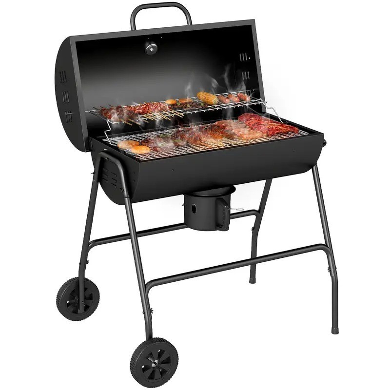 Barbecue charbon couvercle grand thermomètre grille roulettes jardin BBQ utsunny noir