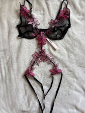 Victoria's Secret Lingerie Teddy Bodysuit Black Pink Floral Applique Medium M