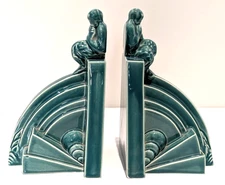 Very Rare ART DECO Pair of Wedgwood Erling Olsen Green Glazed PAN Bookends c1932