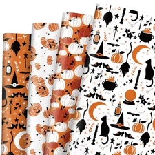  12 Sheet Halloween Wrapping Paper -Not Roll- Orange Black Pumpkin Black Cat 