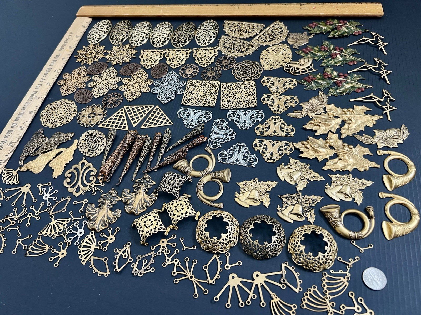 .75 Lbs + Vtg & New Metal Stampings Gold Brass Filigree Connectors Findings Lot