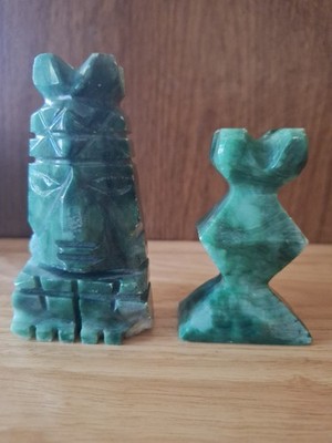 Vintage Hand-Carved Green Stone Chess King & Queen Marble Onyx 