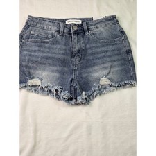 Almost Famous Womens High Rise Denim Shorts Blue Distressed Frayed Hem 5 NWT