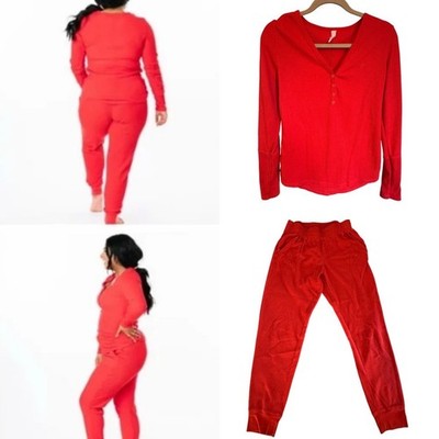 ZYIA Active Red Waffle Knit Henley Long Sleeve Top Joggers Set Medium