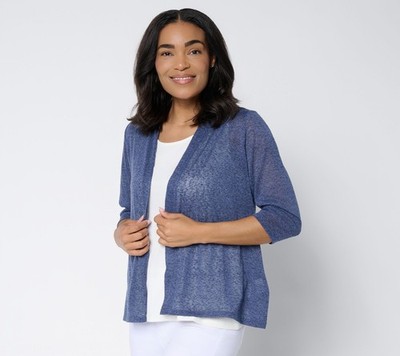 Denim & Co. Slub Knit Open Front 3/4-Sleeve Cardigan Indigo S New