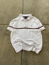 Tommy Hilfiger Polo Shirt Mens Medium White Slim Fit Stripe Flag Logo Vint Pique