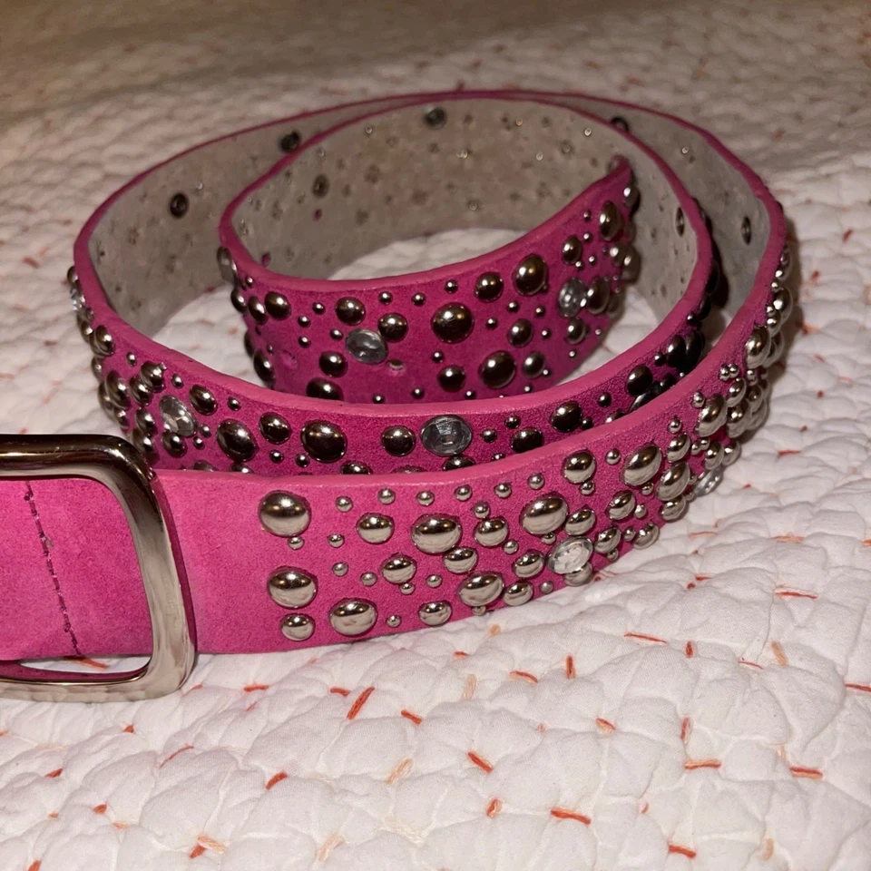 Cinturón Mujer Vintage Años 90 Talla Grande Cuero Rosa Gamuza Tachonado Joya Foto 2 de 4