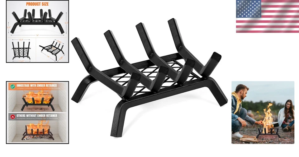 Rejilla de chimenea portátil de hierro fundido de 14 pulgadas para una gestión eficiente de la leña Foto 2 de 4