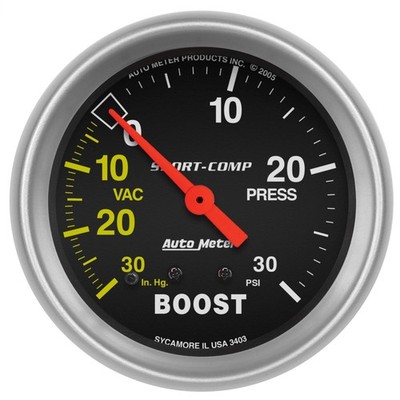 Autometer Sport-Comp Mechanical Boost/Vacuum Gauge 2 5/8'' Dia Black Face 3403