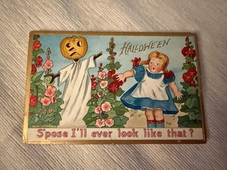 Vintage Antique Halloween Postcard Ghost Scarecrow JOL Scaring Girl