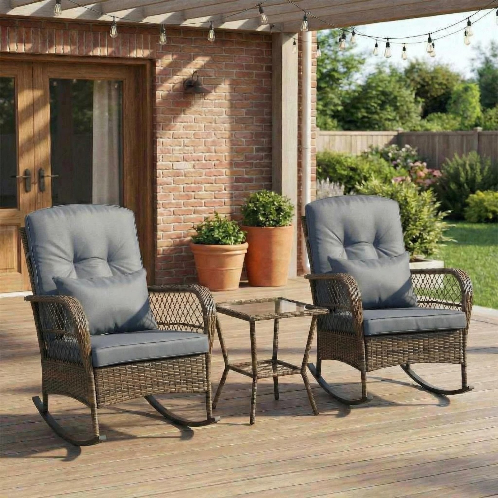Rattan Rocking Chair Outdoor Terrace High Back Garden Rocking Chair with Armrest