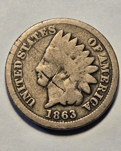 1863 Indian Head Cent 1c Penny, Good Details, Obv Graffiti "X", Exact Coin Shown