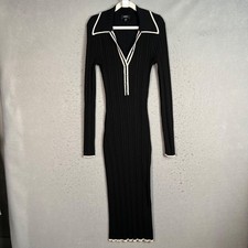 Black Womens XS Ribbed Knit Long Sleeve Midi Dress W/ Contrast Trim