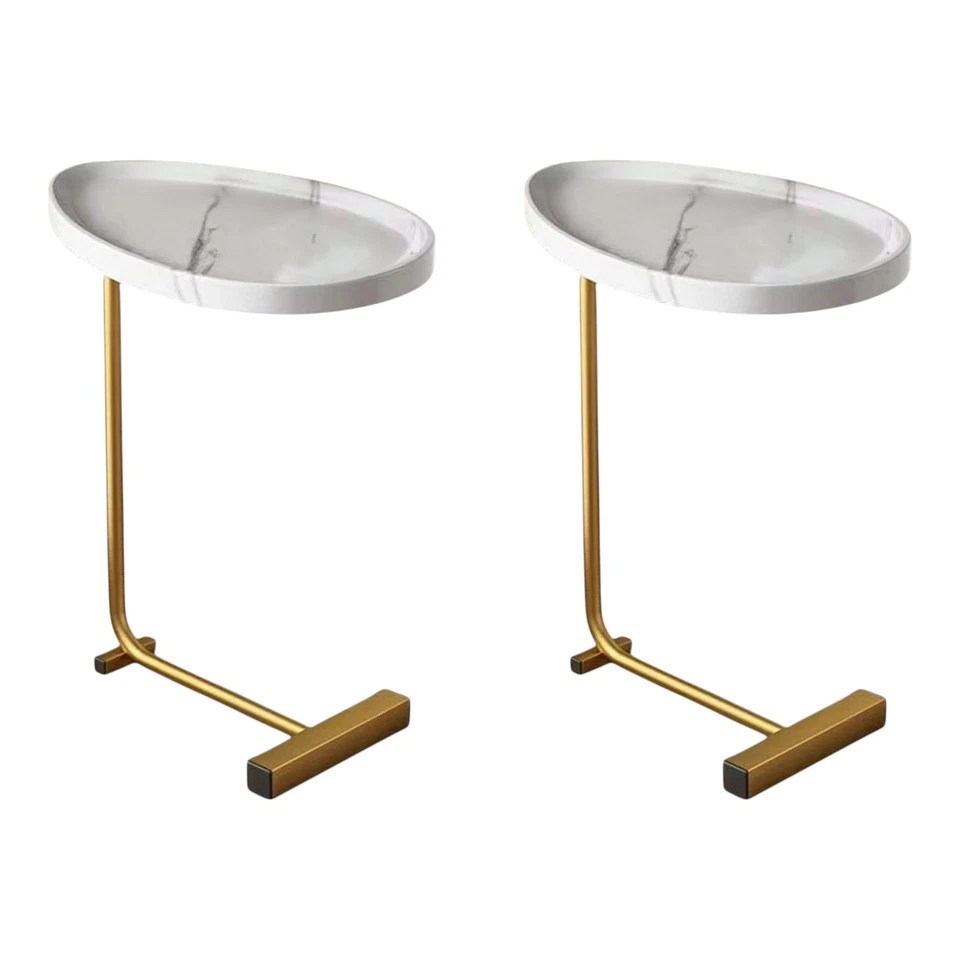 Set of Two White and Gold Faux Marble and Metal Oval End Tables - Image 3 of 4