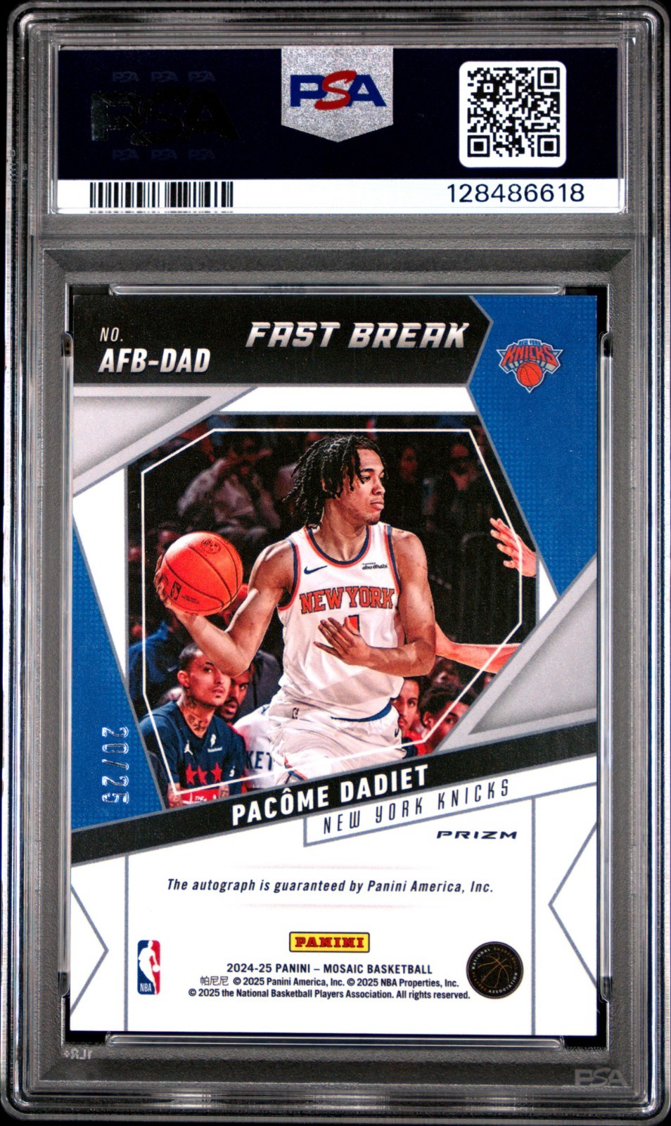 2024-25 Mosaic- Pacome Dadiet #AFB-DAD Fast Break Auto Blue 20/25 PSA9 view 2