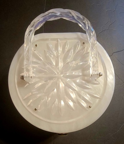 Borsa Perla Vintage Lucite Marbelizzata Anni '50 Scatola Rotonda Avorio - Foto 2 di 8