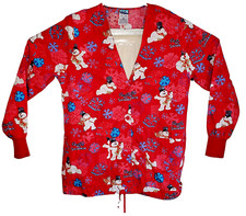 Frosty The Snowman Women's XS Red Long Sleeve V Neck Scrub 2 Pockets Cinch Ties