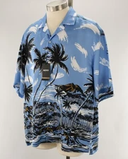 HUGO BOSS Blue Hawaiian LARS Short Sleeve Button Front Lyocell Shirt XL NWT