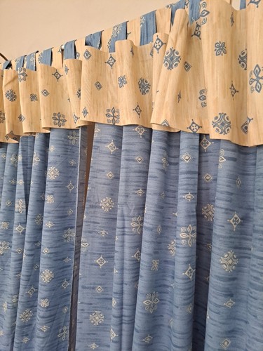 Neu!Landhaus SET:Vorhang Gardine blickdicht 2xSchlaufenschal 135x170cm BlauBeige - Bild 2 von 5