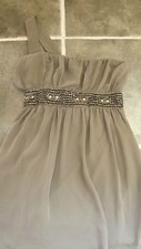 GLAMOROUS MEDIUM BROWN BEIGE BEADED JEWEL OFF ONE SHOULDER PARTY DRESS CHEST 34"