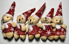 5pc 3in Small Plush Bear Christmas Tree Ornaments Decorated Hat Scarf Hanging