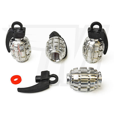 4x valve cap metal for car tires, bicycle tires | hand grenade chrome black