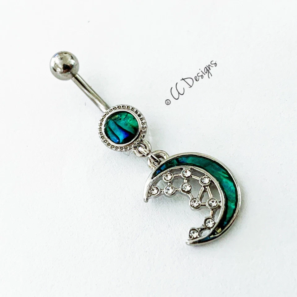 14g Faux Mother Of Pearl Inlay Green Blue Crescent Moon Dangle Bely Ring (B249) - Image 2 of 3