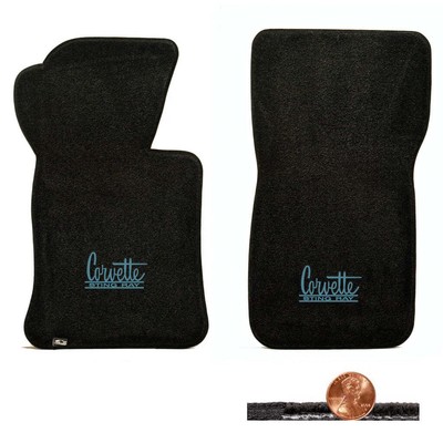 1963-1967 C2 Black 2pc Classic Loop Floor Mats - Blue Corvette Sting Ray Logos