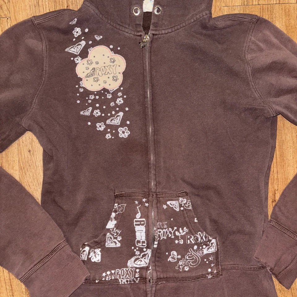 Chaqueta con Capucha Roxy Niñas Cremallera Completa Talla Juvenil Mediana Marrón De Colección Y2K Foto 2 de 4
