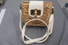 Sun N Sand Crossbody Beige Rattan Purse White Accents Turn Buckle Closure *Read