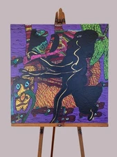Orig Neo-Expressionism Tribal Cubism Surreal Painting by M.R. Gilmore "Purple"