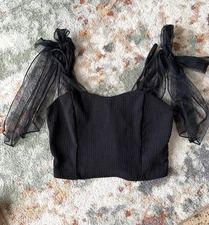 Altar’d State Black Top Size S Bow Spaghetti Strap Smocked Cropped Witchy Goth