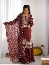 New Designer Maroon Silk Kurta Palazzo With Dupatta For Wedding Wear