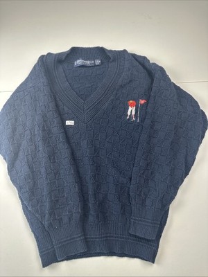 Scottish Isle by bernette Blue Cable Knit Vee Neck Pullover Golf Sweater Medium 