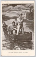 Harvey's Lake PA Fishing Scene Canoe Men Illustration Postcard
