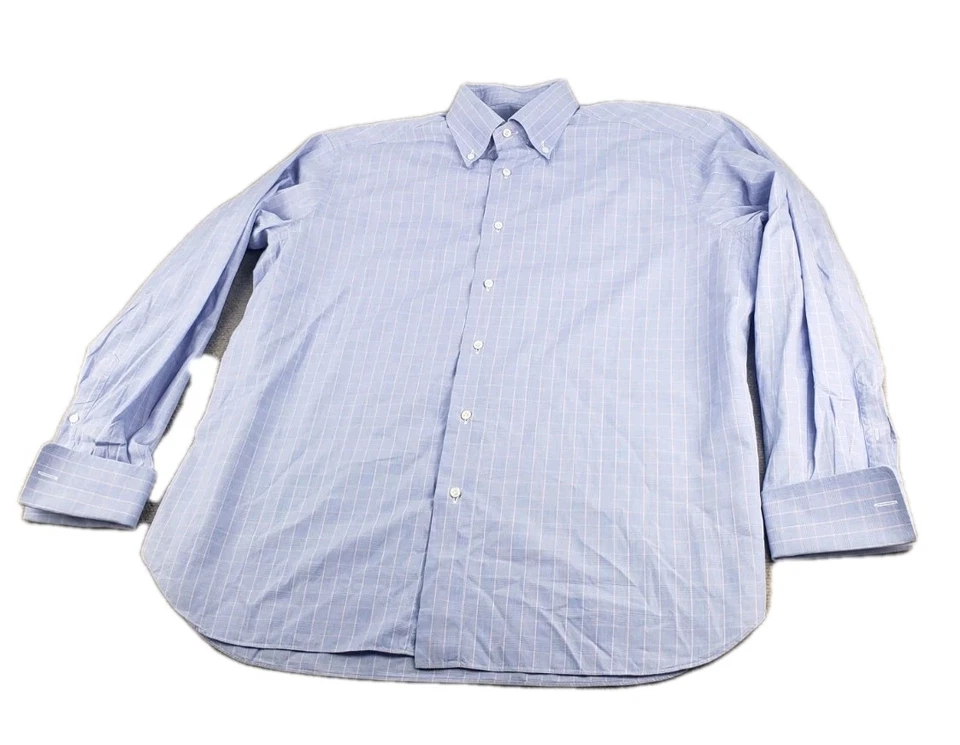 Camisa de vestir Brioni para hombre talla 17/43 azul a cuadros algodón manga larga hecha en Italia Foto 3 de 4
