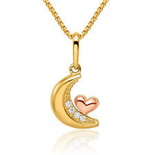 14K Solid Two Tone Gold CZ Moon Heart Necklace